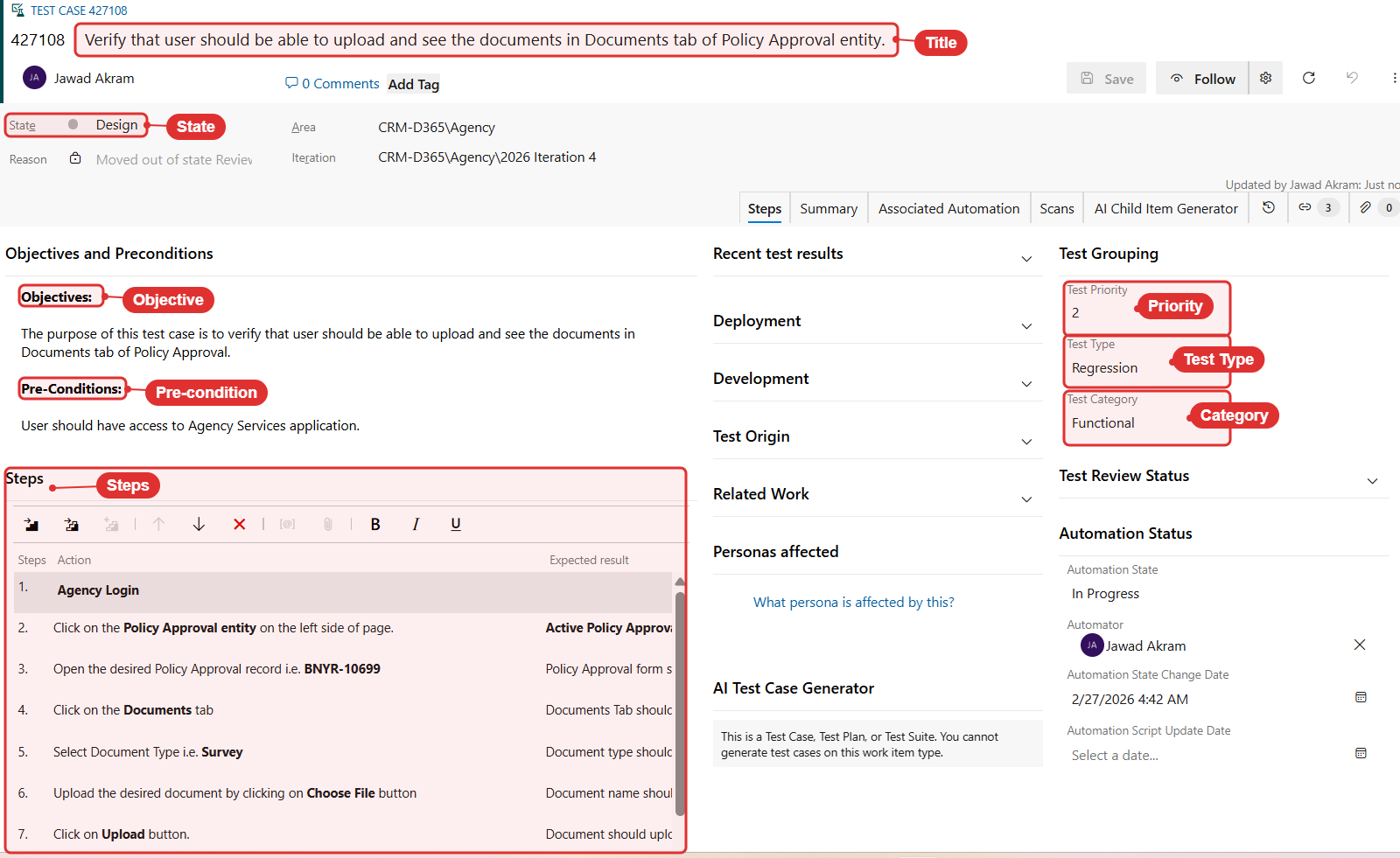 Test case details — Azure DevOps work item