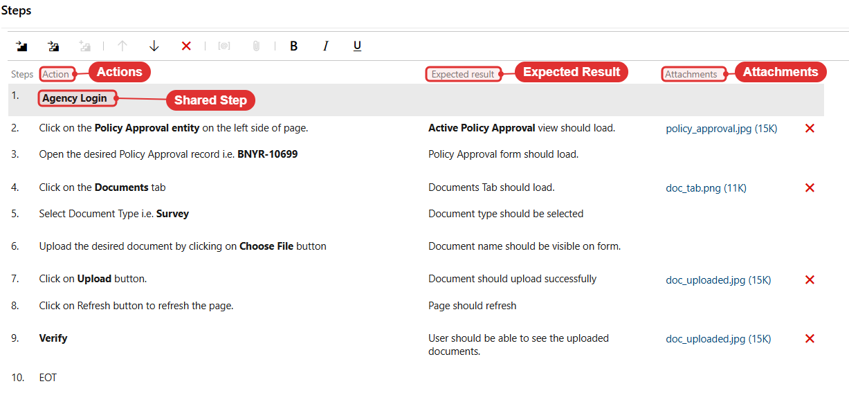 Test case steps — actions, expected results, attachments